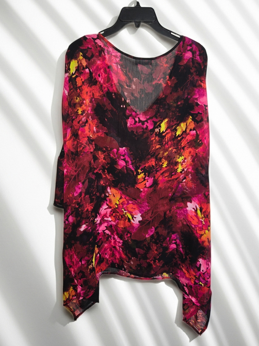 Sheer Floral Print Women's Top in Fuchsia and Black - Butterfly Sleeve Tunic 2X